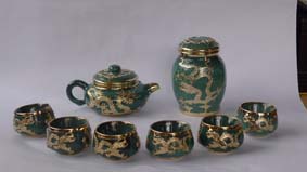 綠冰裂金鑲玉茶具，七彩冰裂金鑲玉茶具